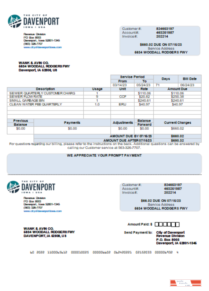 Iowa City of Davenport utility business bill, Word and PDF template scr PSD template